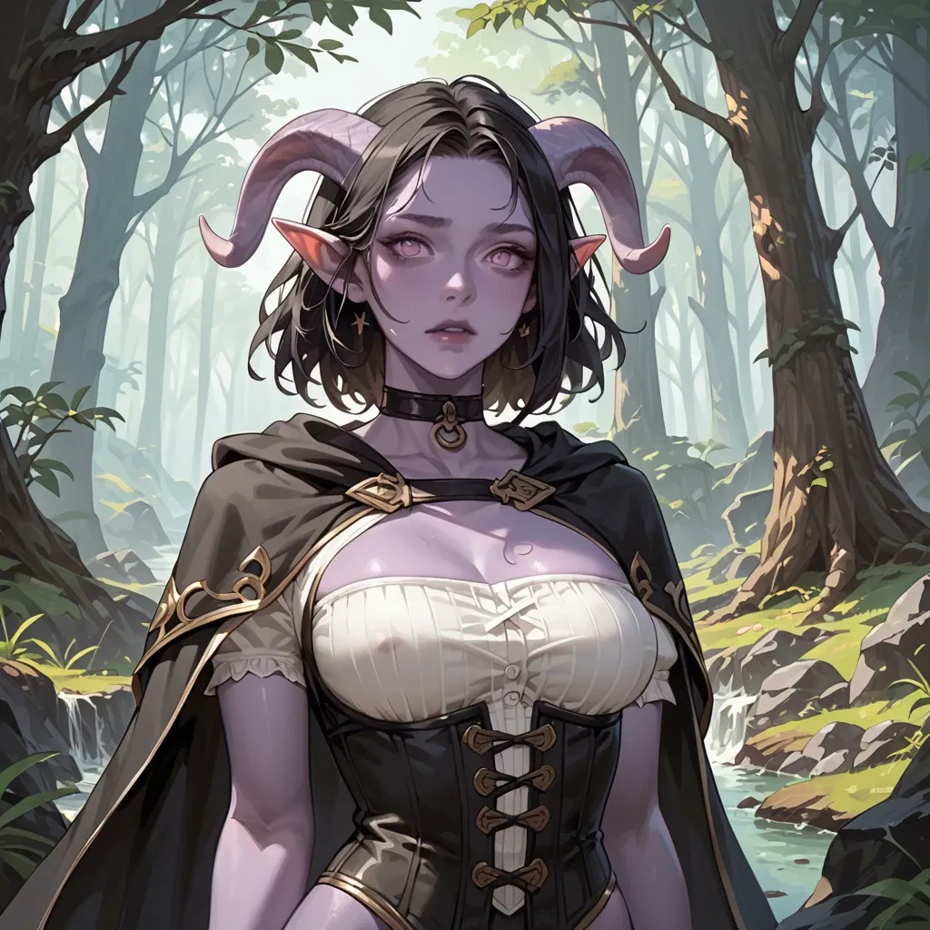 young cute tiefling girl, 3/4 view to the waist, purple skin, skinny body with big tits, black medium hair, black fantasy outfut, cape, choker, lowered hood, tight corset, white shirt, lether bands, dark fantasy forest, raining, bright eyes,