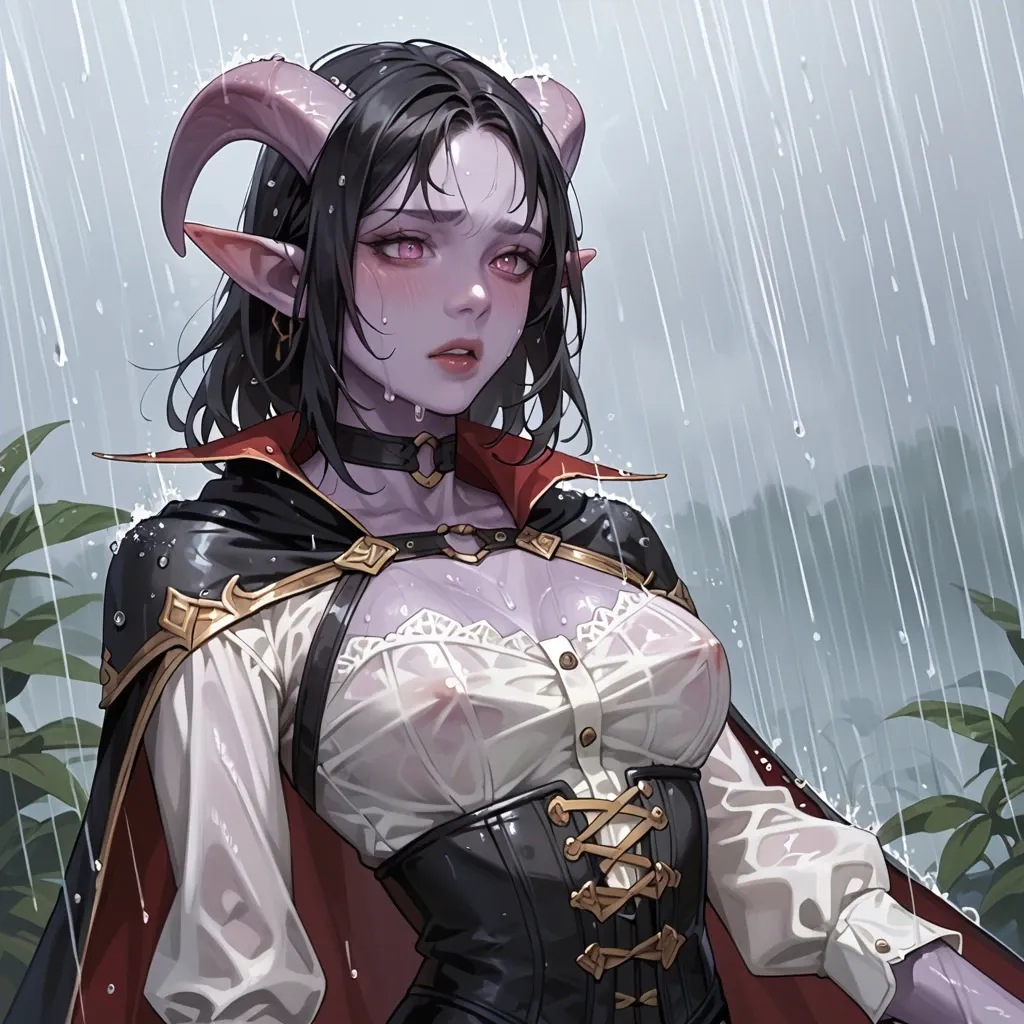 young cute tiefling girl, 3/4 view to the waist, rain, purple skin, skinny body with big tits, black medium hair, black fantasy outfut, cape, choker, lowered hood, tight corset, white shirt, lether bands, dark fantasy forest, raining, bright eyes,