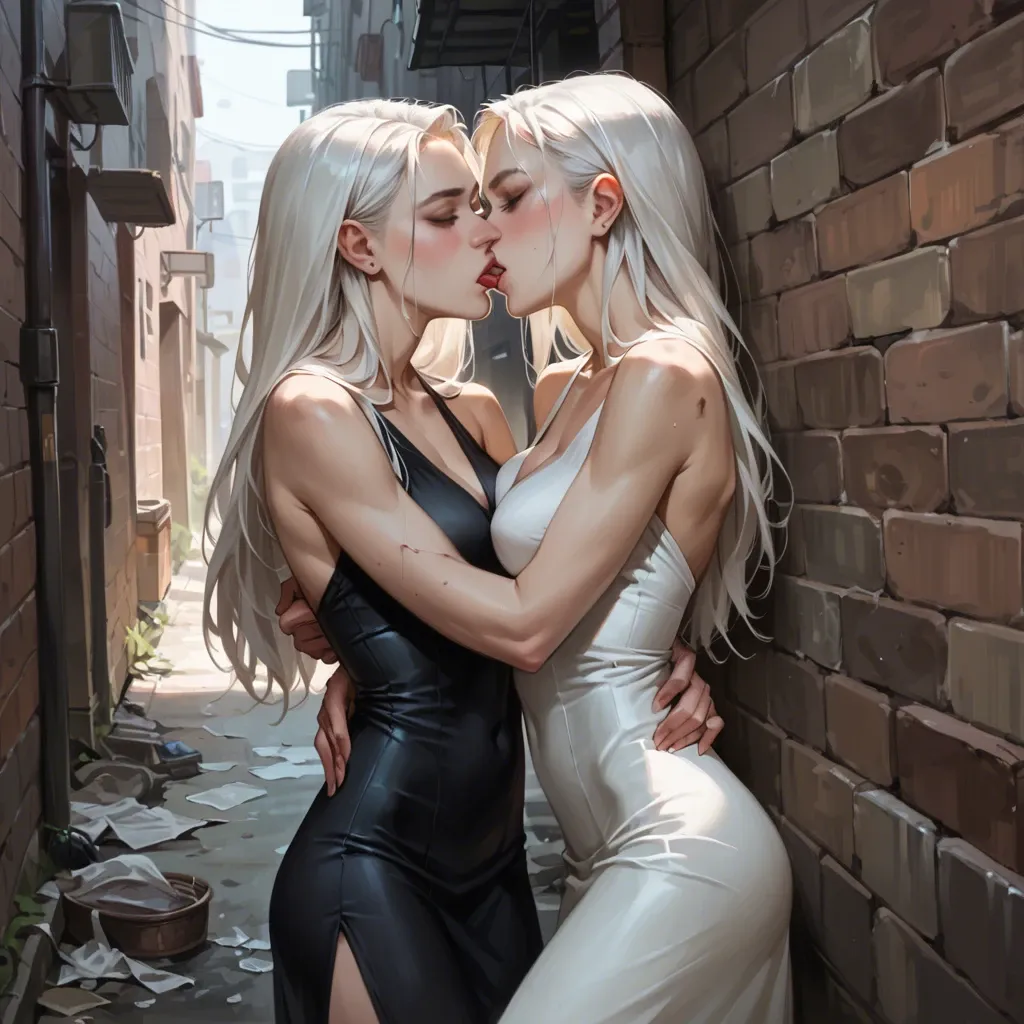 Realistic realistic, 2 girls, twins, slim, skinny, white hair, long hair, dress, hugging, kissing, alley,