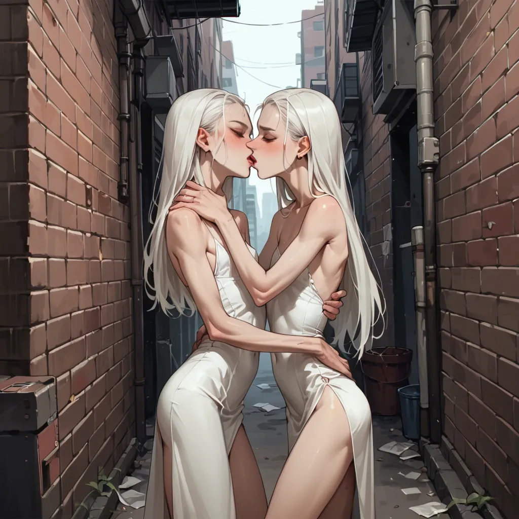 2 girls, twins, slim, skinny, flat chest, white hair, long hair, dress, hugging, kissing, alley,