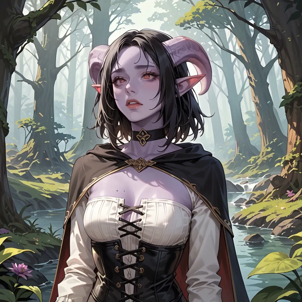 young cute tiefling girl, 3/4 view to the waist, purple skin, skinny body with big tits, black medium hair, black fantasy outfut, cape, choker, lowered hood, tight corset, white shirt, lether bands, dark fantasy forest, raining, bright eyes,