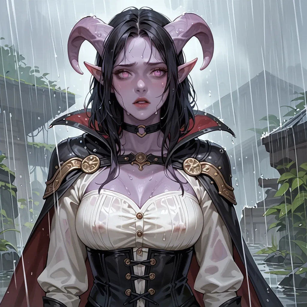 young cute tiefling girl, 3/4 view to the waist, rain, purple skin, skinny body with big tits, black medium hair, black fantasy outfut, cape, choker, lowered hood, tight corset, white shirt, lether bands, dark fantasy forest, raining, bright eyes,