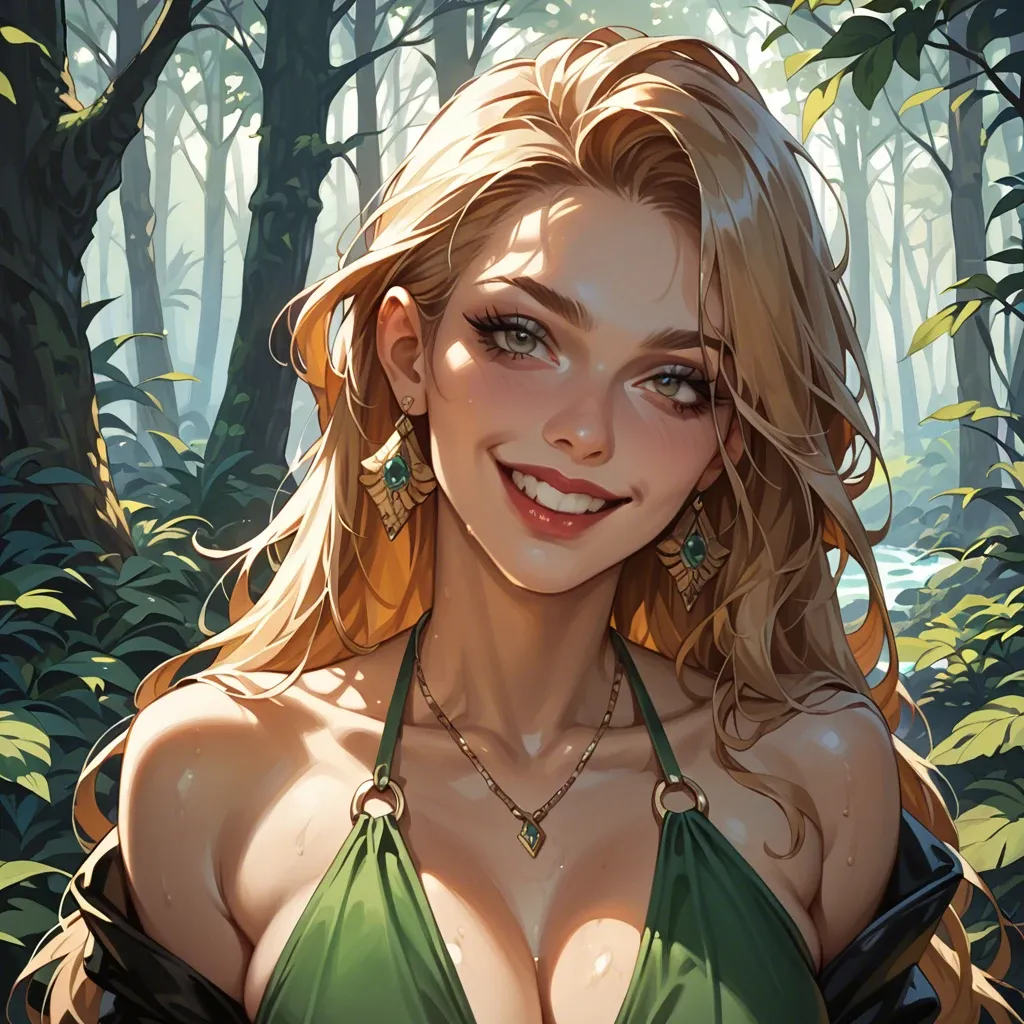 Super beautiful face detailed smile sexy dressed girl in forest