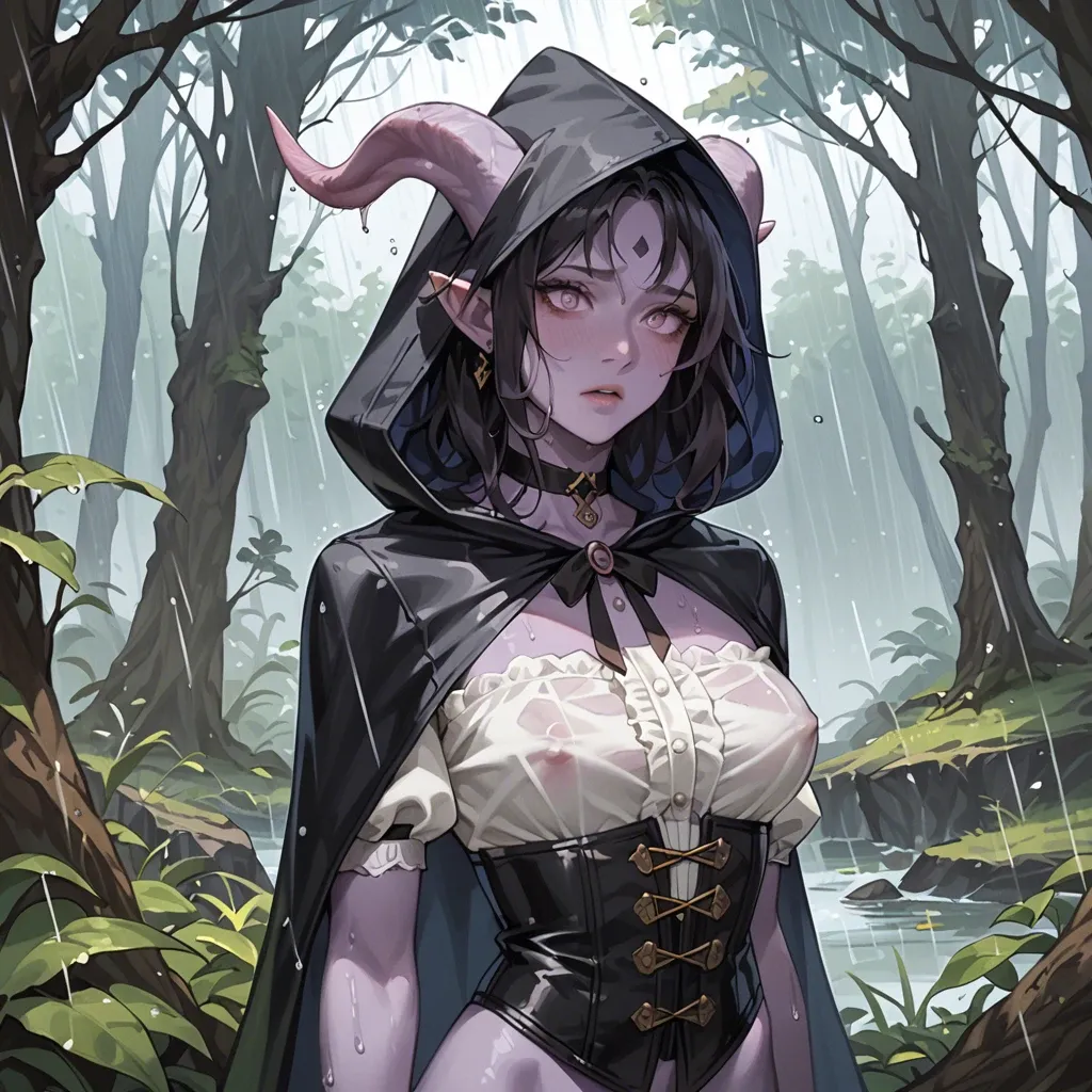 young cute tiefling girl, 3/4 view, purple skin, skinny body with big tits, black medium hair, black fantasy outfut, cape, choker, lowered hood, tight corset, white shirt, lether bands, dark fantasy forest, raining