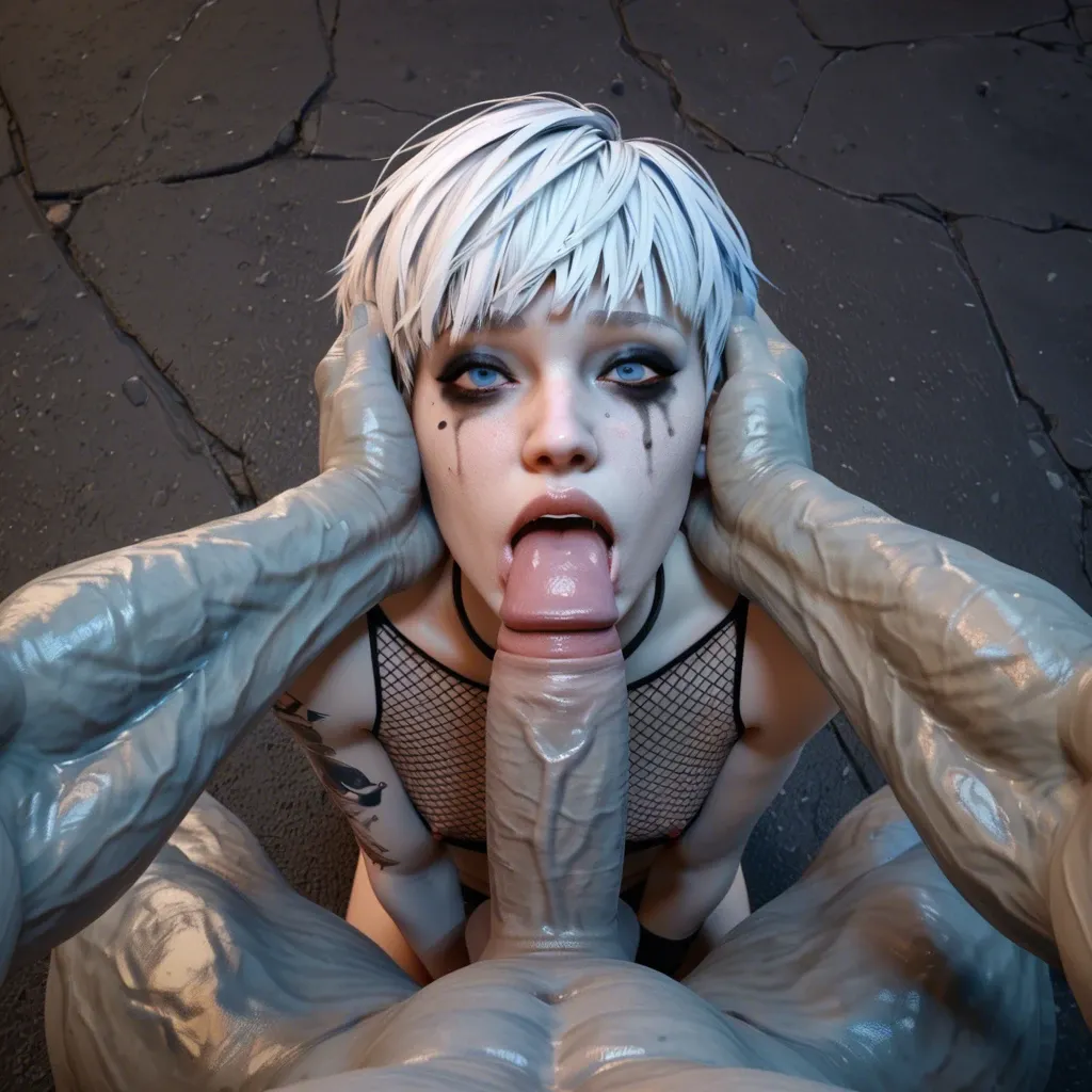 1boy,3d,albino,freckles,pixie cut,pov,tyrant,giant penis,size difference,wide open mouth,tongue,face grab,emo makeup,fishnet,flat chest,blue hair,tattoos,penis on face, cellar