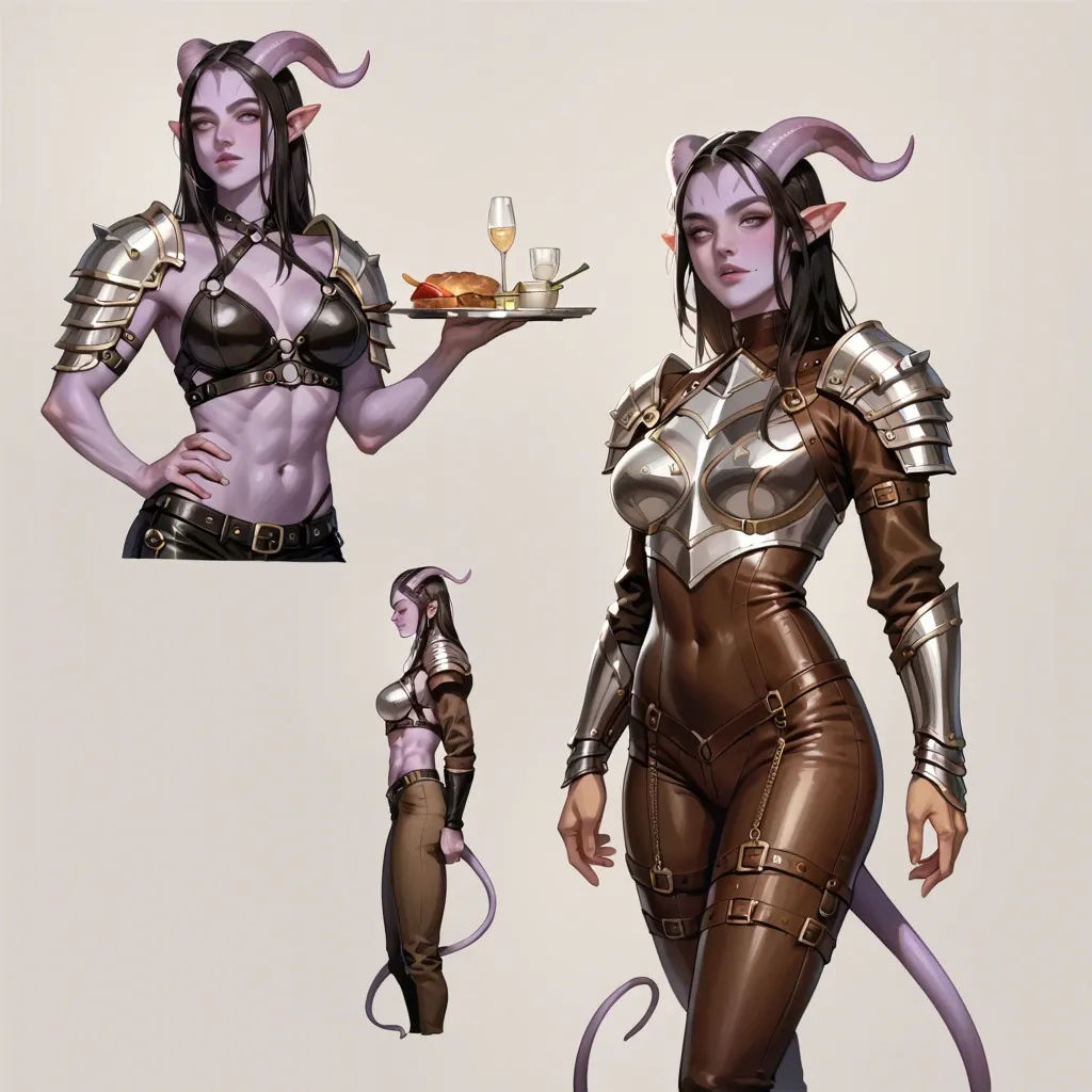 cute 18 yo tiefling girl with purple skin, slim fit body, fantasy adventurer outfit, microbarbie body, Tomboy, extremetiiny, extremetiunytits, leather armor, brown leather breastplate, tight breastplate, dark pants, long leather gloves, belt, choker, black hair, (shoulder length hair with fringe:1.2), waist bag, medieval background, beautiful face, frecles, cinematic shot, 3/4 view