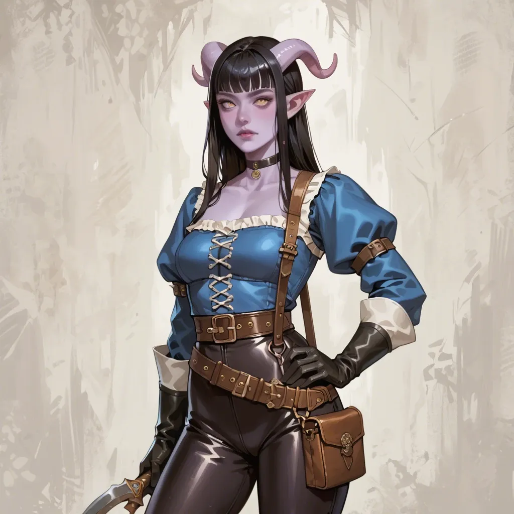 cute 20 yo tiefling fantasy adventurer with purple skin, slim fit body, medieval adventurer outfit, tight brown leather breastplate, leather pants, long leather gloves, belt, choker, medium black hair with fringe, waist bag, medieval background,