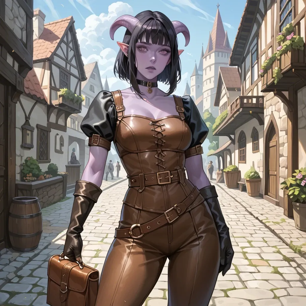 cute 20 yo tiefling fantasy adventurer with purple skin, slim fit body, medieval adventurer outfit, tight brown leather breastplate, pants, long leather gloves, belt, choker, medium black hair with fringe, waist bag, medieval background,