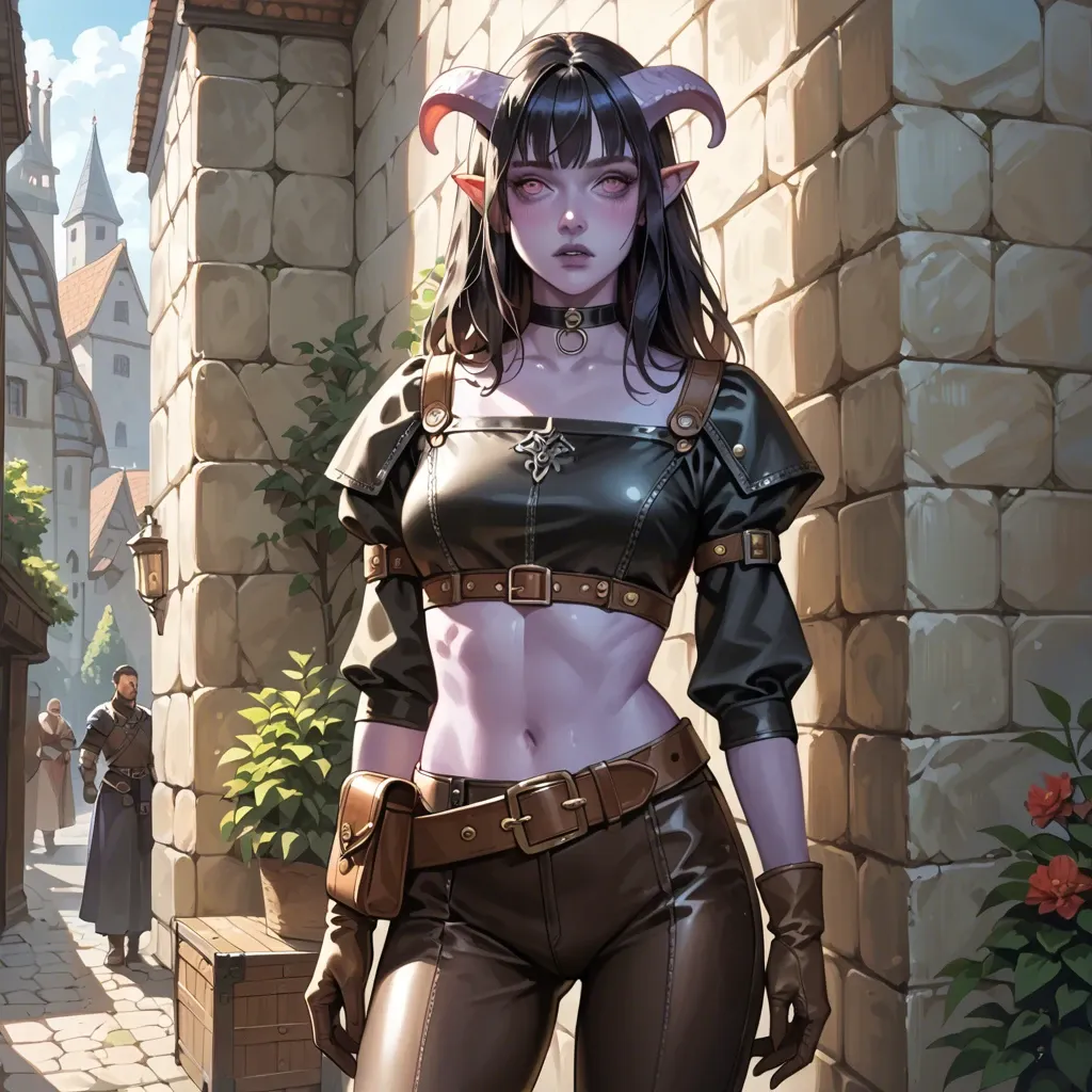 cute 20 yo tiefling fantasy adventurer with purple skin, slim fit body, medieval adventurer outfit, tight brown leather breastplate top, leather pants, long leather gloves, belt, choker, medium black hair with fringe, waist bag, medieval background,