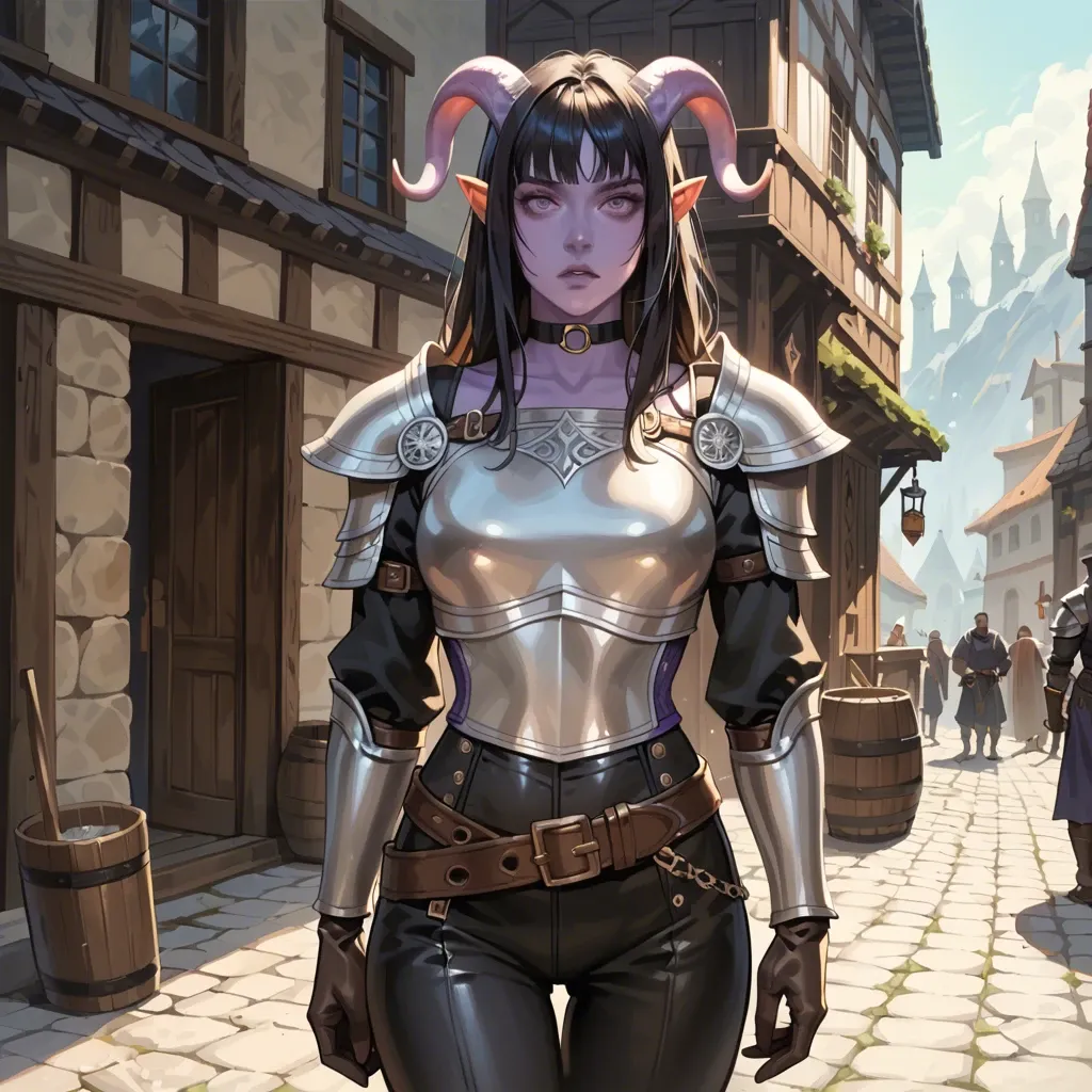 cute 20 yo tiefling fantasy adventurer with purple skin, slim fit body, fantasy adventurer outfit,  brown leather breastplate armor, tight breastplate, dark pants, long leather gloves, belt, choker, medium black hair with fringe, waist bag, medieval background,