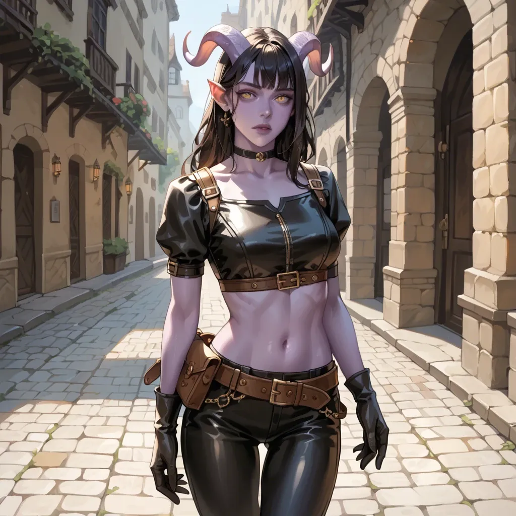 cute 20 yo tiefling fantasy adventurer with purple skin, slim fit body, fantasy adventurer outfit, tight brown leather breastplate top, dark pants, long leather gloves, belt, choker, medium black hair with fringe, waist bag, medieval background,