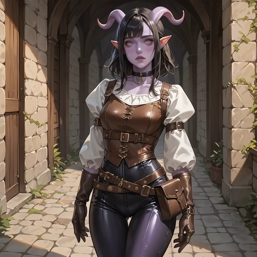 cute 20 yo tiefling fantasy adventurer with purple skin, slim fit body, fantasy adventurer outfit,  brown leather breastplate, tight breastplate, dark pants, long leather gloves, belt, choker, medium black hair with fringe, waist bag, medieval background,