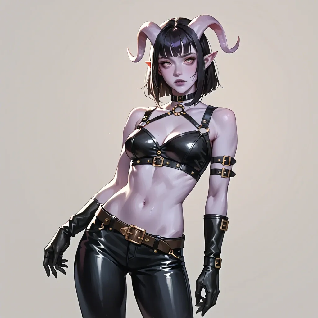 cute 20 yo tiefling adventurer with purple skin, slim fit body, tight leather breastplate top, leather pants, long leather gloves, belt, choker, medium black hair with fringe,