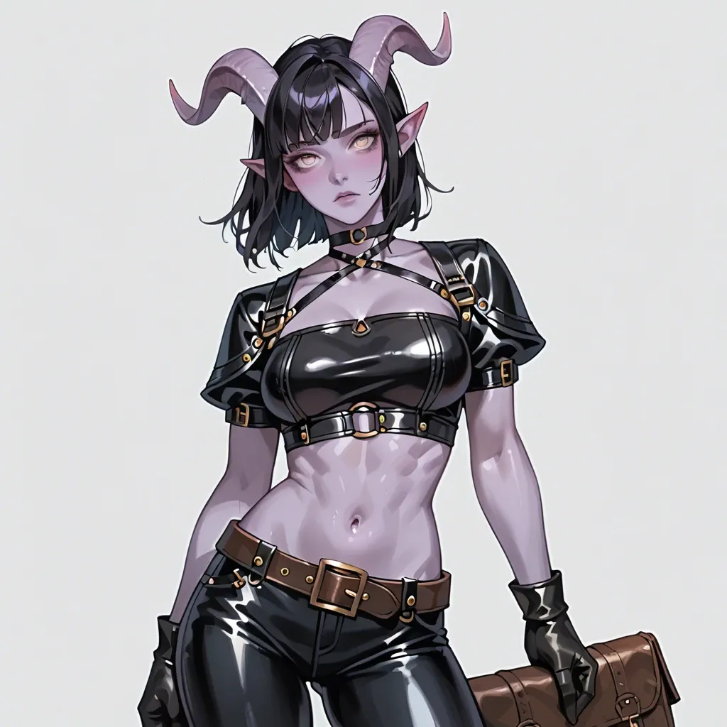 cute 20 yo tiefling adventurer with purple skin, slim fit body, fantasy adventurer outfit, tight leather breastplate top, leather pants, long leather gloves, belt, choker, medium black hair with fringe, adventurer's bag