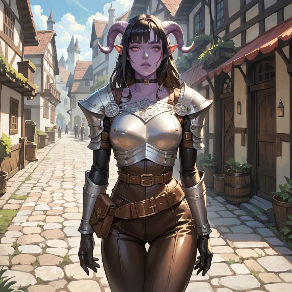 cute 20 yo tiefling fantasy adventurer with purple skin, slim fit body, fantasy adventurer outfit,  brown leather breastplate armor, tight breastplate, dark pants, long leather gloves, belt, choker, medium black hair with fringe, waist bag, medieval background,