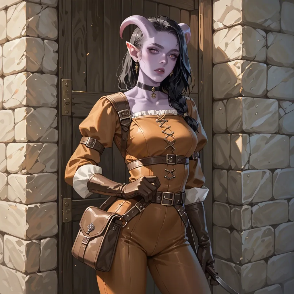 cute 20 yo tiefling fantasy adventurer with purple skin, slim fit body, medieval adventurer outfit, tight brown leather breastplate, pants, long leather gloves, belt, choker, medium black hair with fringe, waist bag, medieval background,