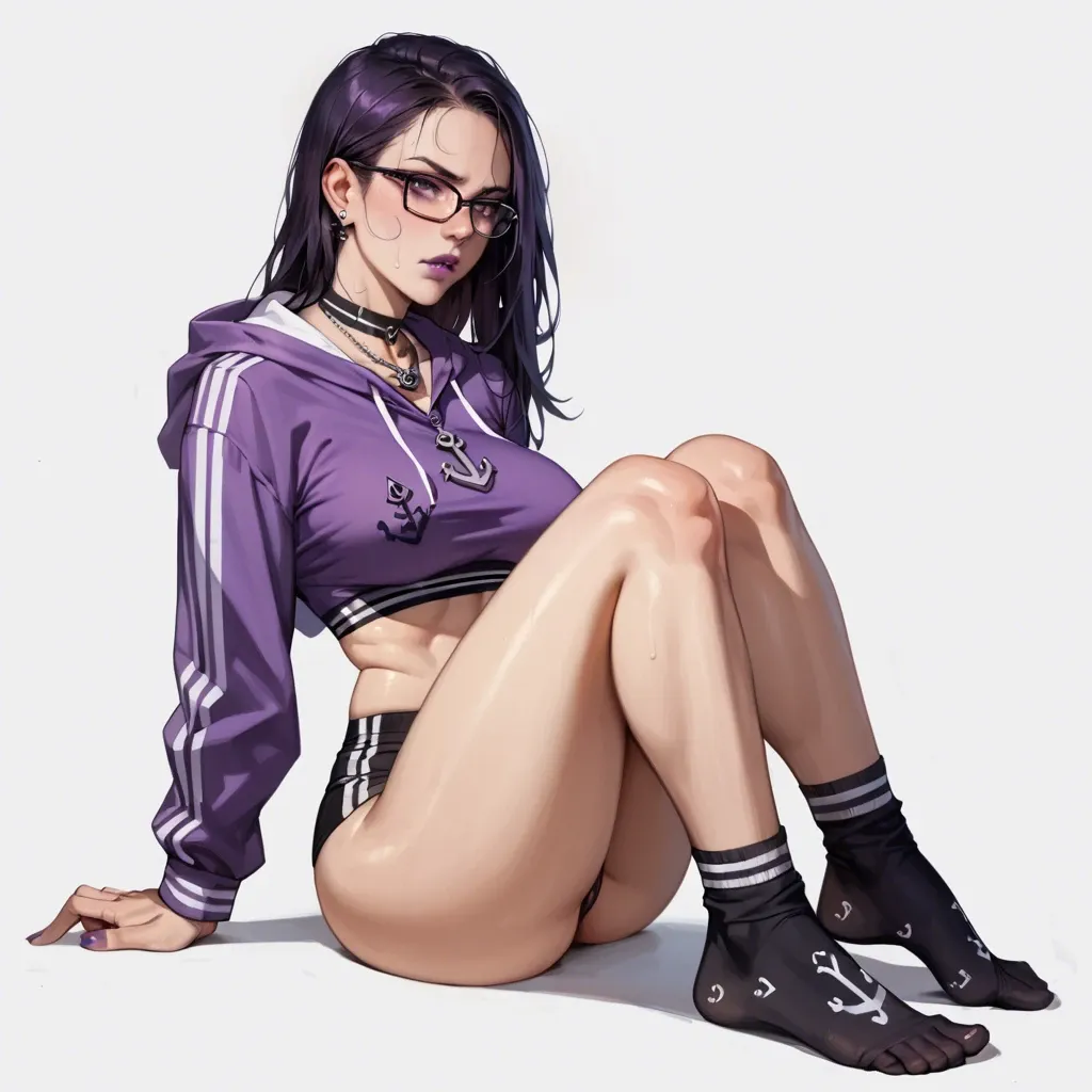 1girl,solo, , , , purple lips,steamy feet,perky tits,backboob,anchor necklace, cock on cheek,knee-high socks,swollen nipple,bent at waist,shoulder, hoodie,laces,glasses,sports bra,armored boots, sparkle, spaceship, on the bed, detailed balls, studio lighting, zelda sd, wonder woman, rei