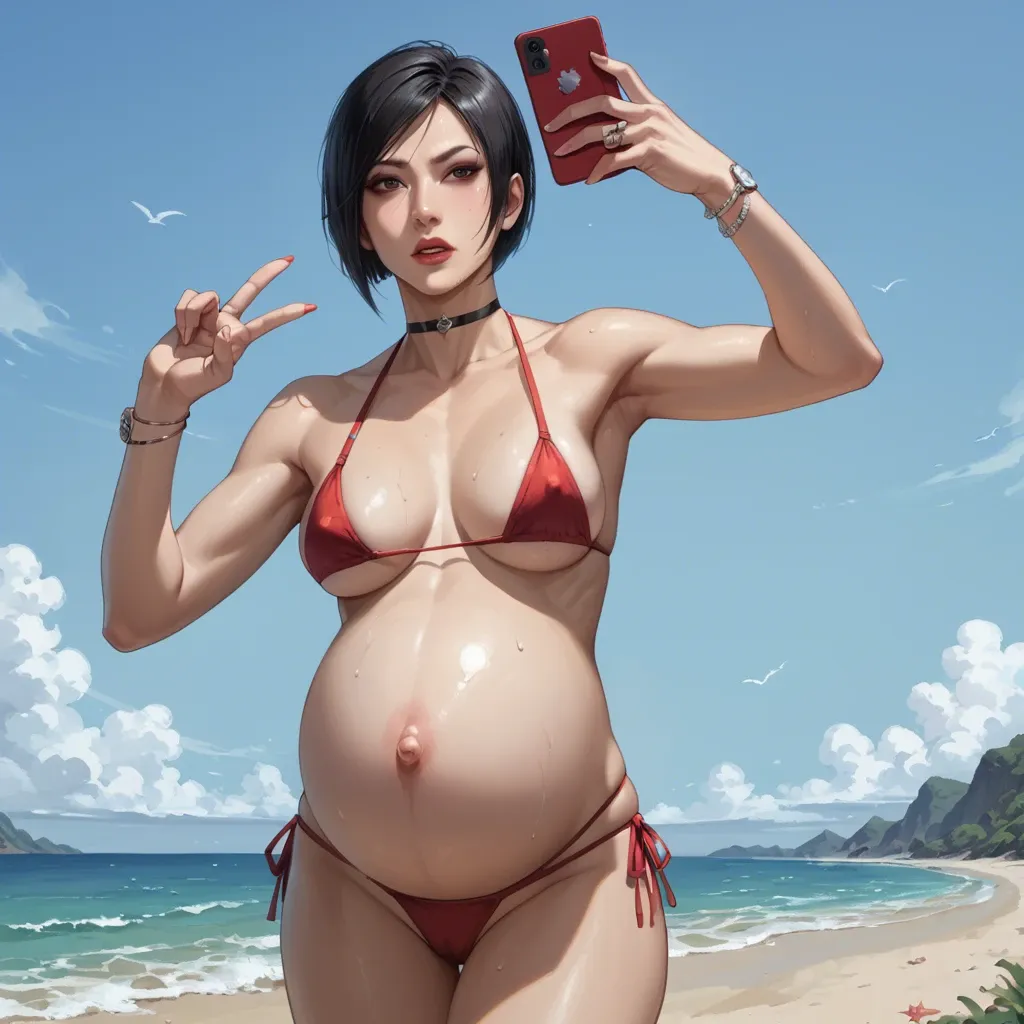 pregnant Ada wong, wear micro bikini, selfie in beach