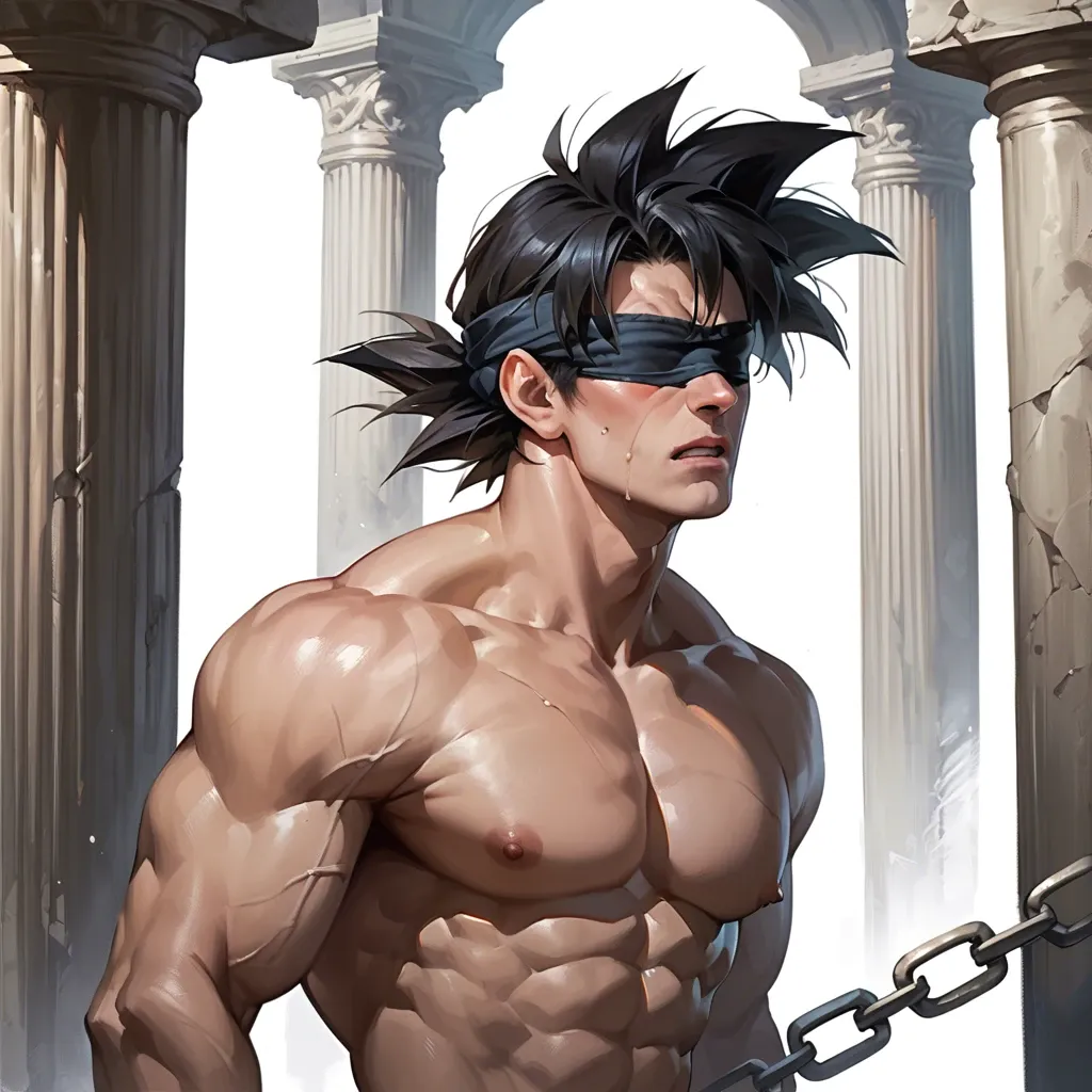 realistic style male goku who is chained to two columns and blindfolded