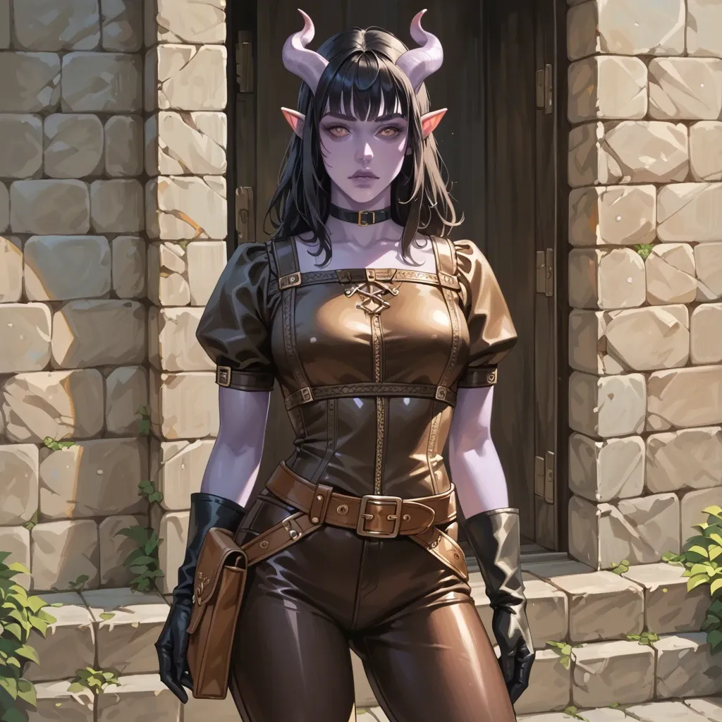 cute 20 yo tiefling fantasy adventurer with purple skin, slim fit body, medieval adventurer outfit, tight brown leather breastplate, pants, long leather gloves, belt, choker, medium black hair with fringe, waist bag, medieval background,