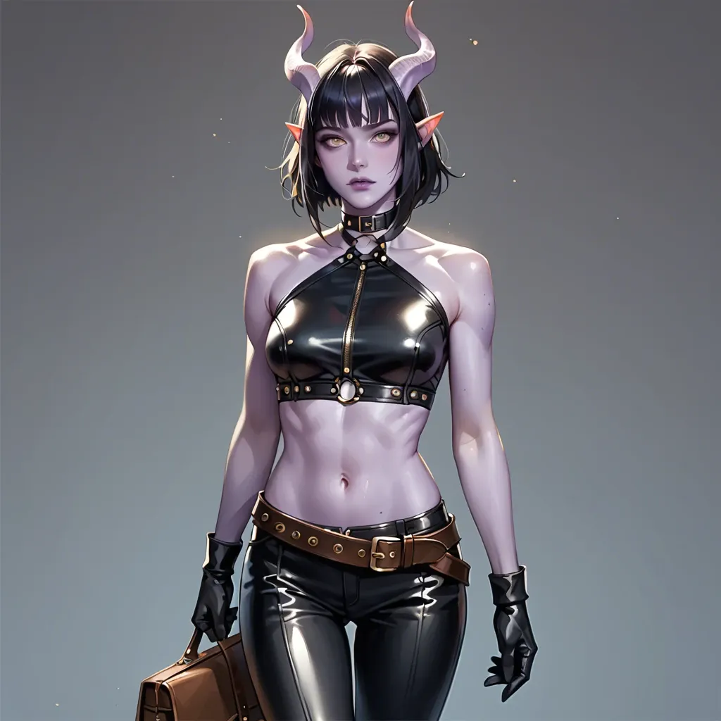 cute 20 yo tiefling adventurer with purple skin, slim fit body, adventurer outfit, tight leather breastplate top, leather pants, long leather gloves, belt, choker, medium black hair with fringe, adventurer's bag