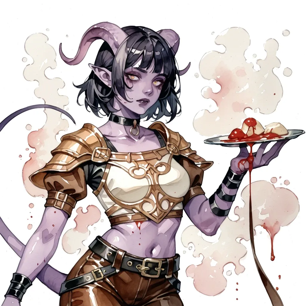 tiefling girl with slim fit body, purple skin,  fantasy adventurer clothings, leather breastplate,black medium hair with fringe, watercolor painting, ink painting, choker, leather belt, cute oval face, brown pants