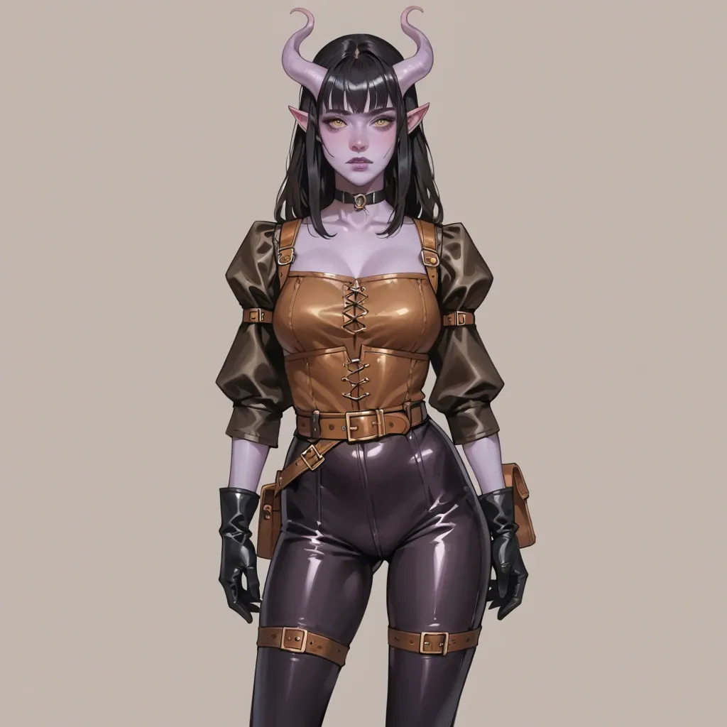 cute 20 yo tiefling fantasy adventurer with purple skin, slim fit body, medieval adventurer outfit, tight brown leather breastplate, leather pants, long leather gloves, belt, choker, medium black hair with fringe, waist bag, medieval background,