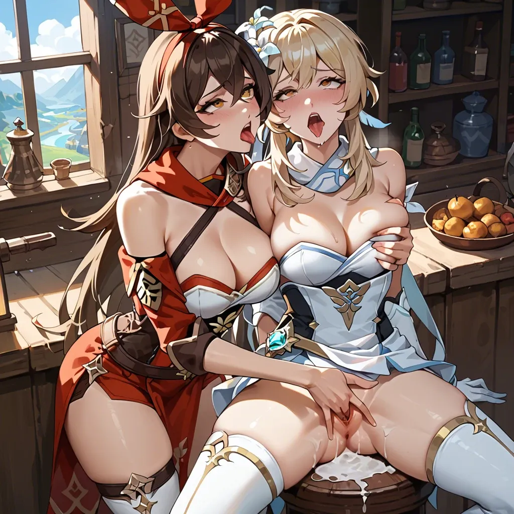 amber(genshin impact), Lumine(genshin impact) , open mouth , tow girls , big chest , tongue long , half-open eyes , The light in the corner , ahegao , glare , female masturbation , fingering , grab breast , spread legs , lesbians ,