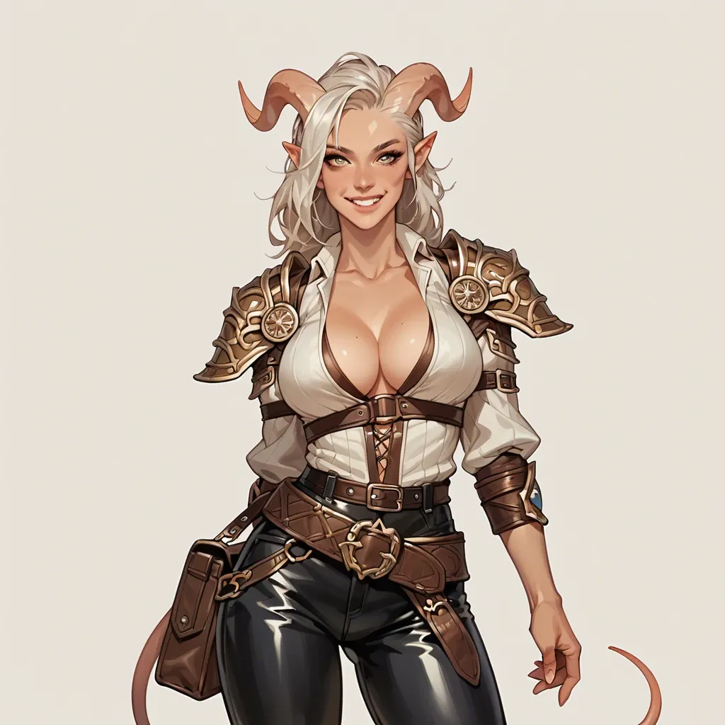 young fantasy tiefling girl with perfect body, adventurer clothings with leather armor, leather breastplate, wide leather pants, wgite shir, deep cleavage, belt, waist bag, cute smiling face, fantasy taven background