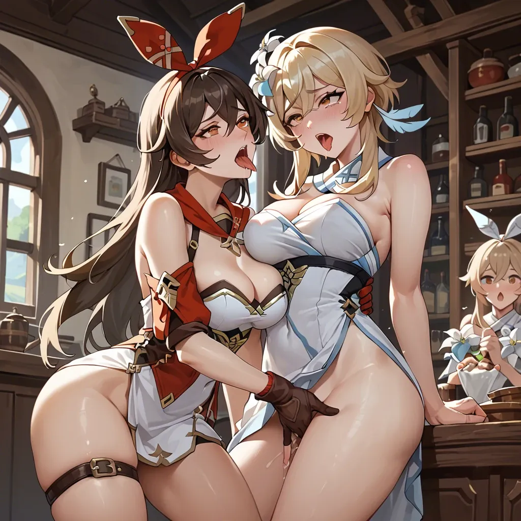 amber(genshin impact), Lumine(genshin impact) , sexy dress  , open mouth , tow girls , big chest , tongue long , half-open eyes , The light in the corner , ahegao , glare , female masturbation , fingering , grab breast , spread legs , lesbians , trab