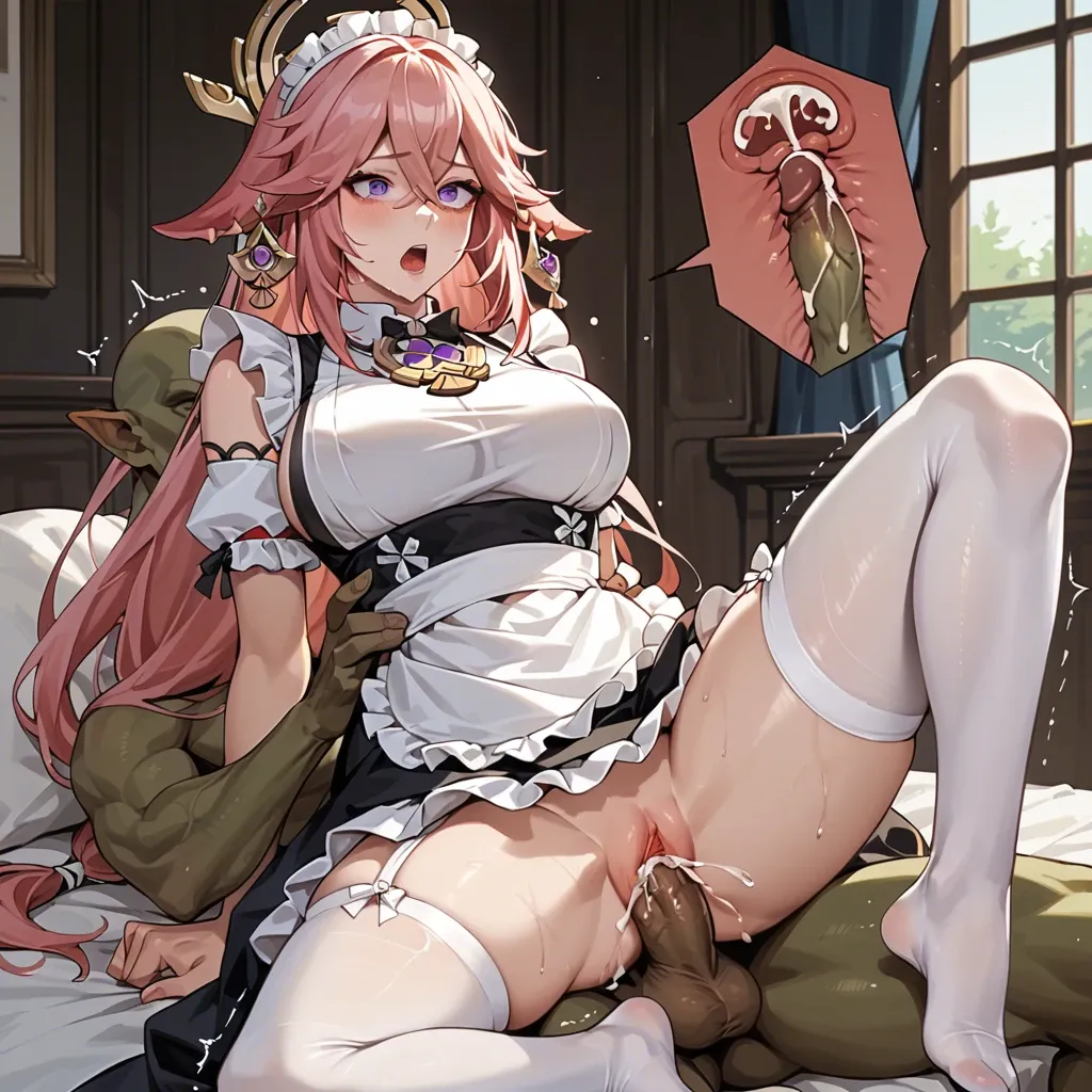 Yae miko (genshin impact),stockings,feet,deep penetration,x-ray,cum,trembling,surprised,fucked silly,goblin,straight,curvy,maid uniform,ponytail,legs apart,sitting on lap,headback