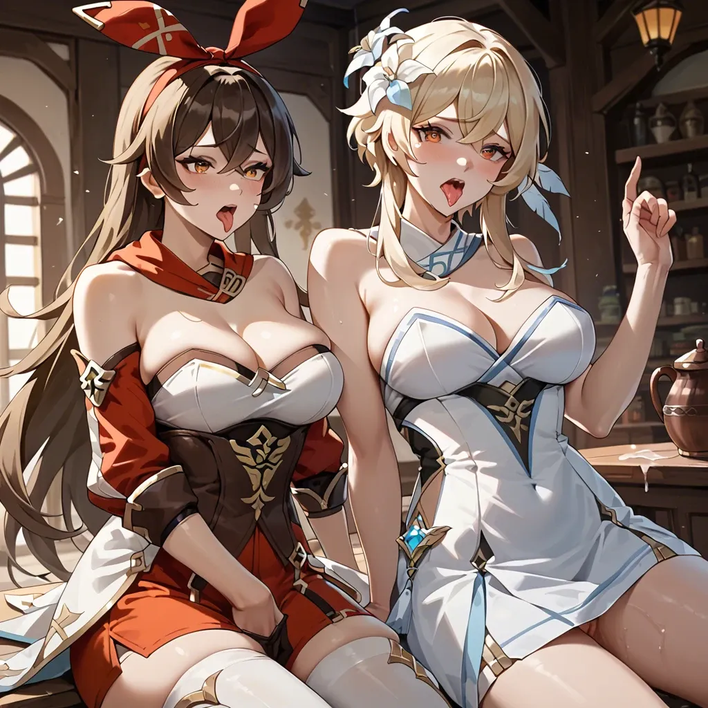 amber(genshin impact), Lumine(genshin impact) , sexy dress  , open mouth , tow girls , big chest , tongue long , half-open eyes , The light in the corner , ahegao , glare , female masturbation , fingering , grab breast , spread legs , lesbians ,