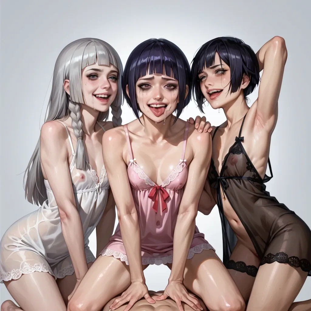 Kyoka jiro,Loona,lillie,3girls,realistic face,flat chest,squat,petite,shiny skin,crying laughing,cowgirl pov,realistic,ruined makeup,skinny, nightgown,cum,bent over,arms up,hug