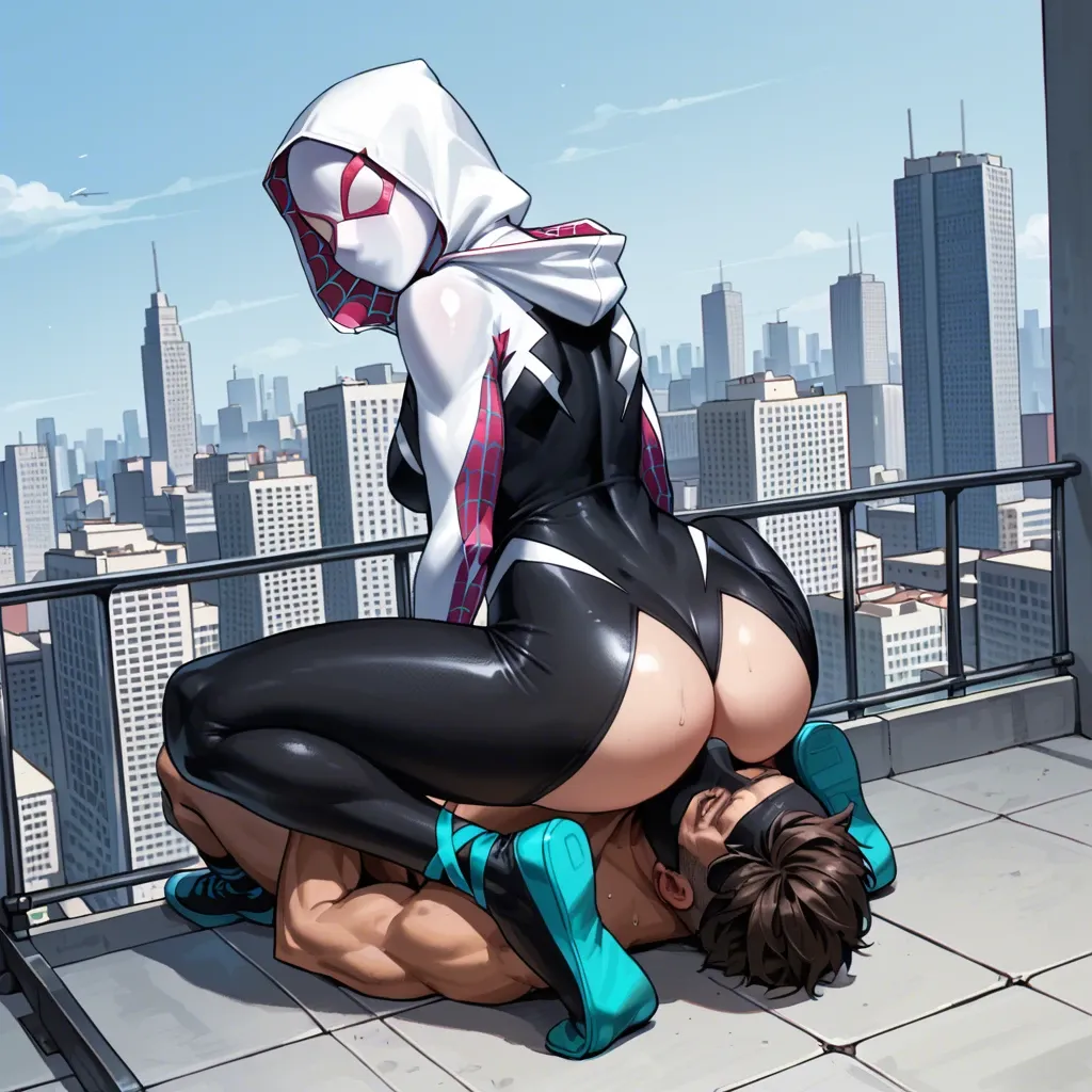 Spider Gwen mask, femdom, city, facesitting, clothes, costume, sitting on face