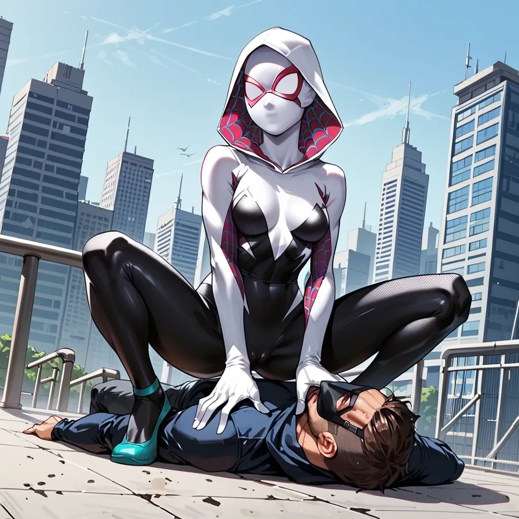 Spider Gwen mask, femdom, city, facesitting, clothes, costume, sitting on face