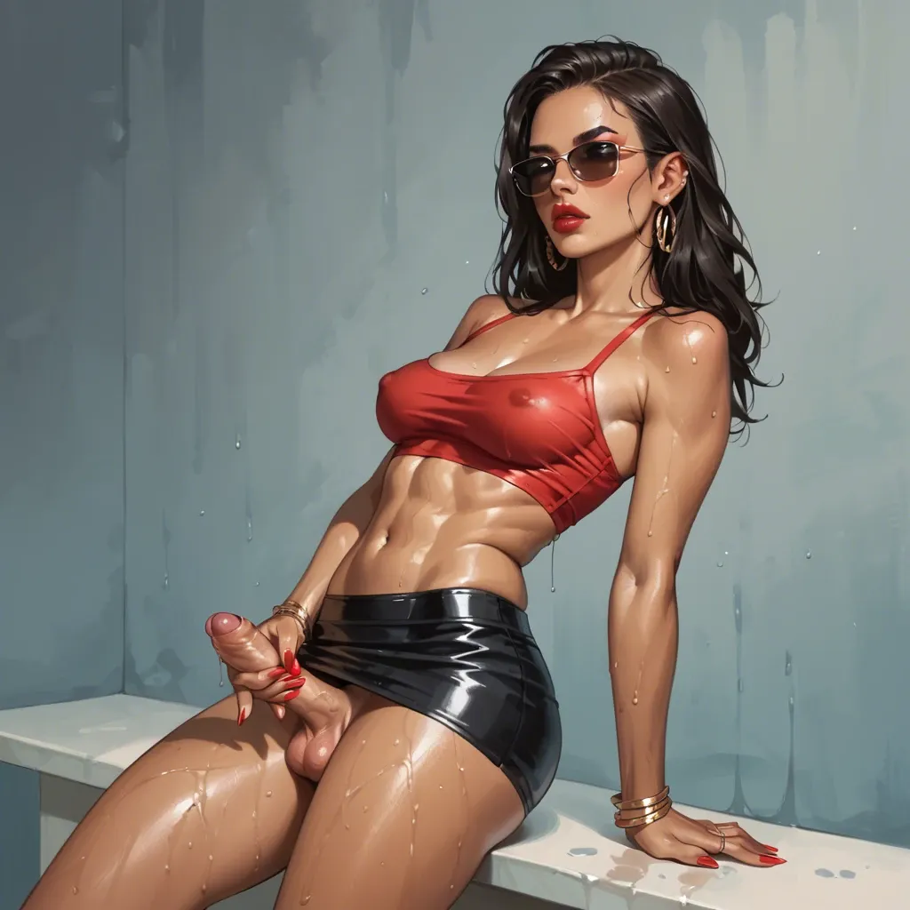 futanari young sexy dumb petite slim skinny Latina Cartoon fairy hottie, wet, red lips, eyeshadow, tanned, microskirt, sunglasses, foreskin, micropenis showing, masturbating with fingers