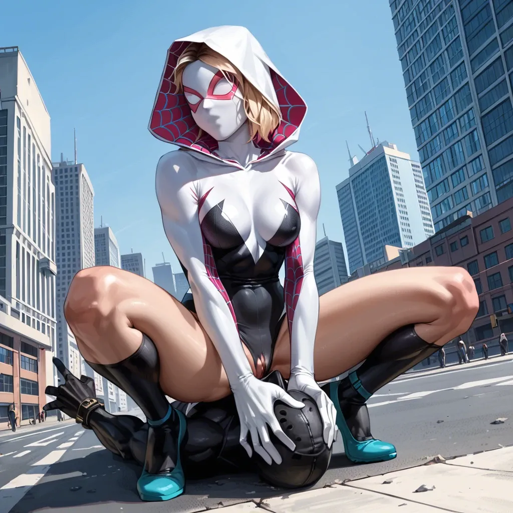 Spider Gwen mask, femdom, city, facesitting, clothes, costume, victory pose