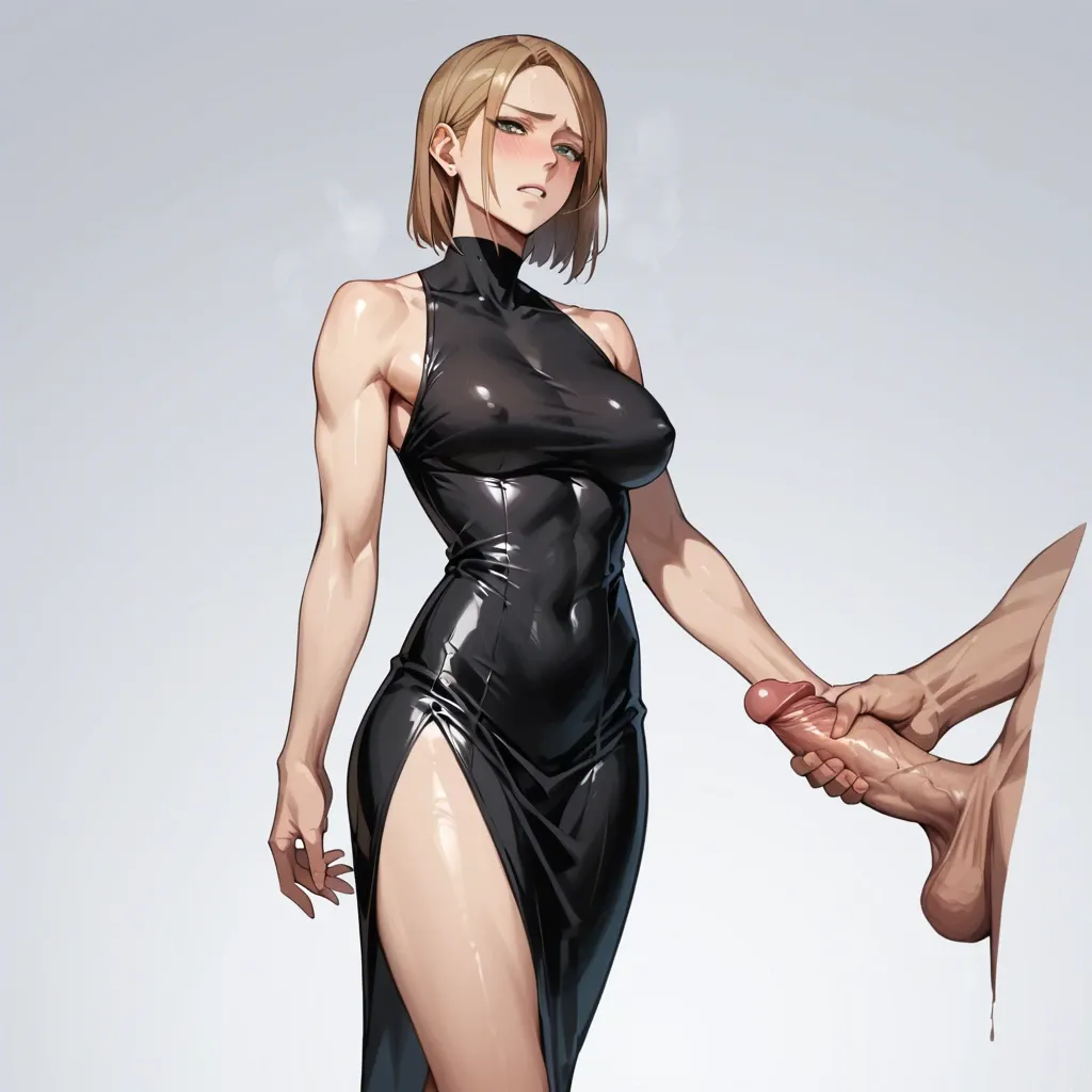 Kugisaki Nobara, black dress, bodycon dress, tight dress, futanari, penis under clothes, penis beneath clothes, grabbing penis through dress