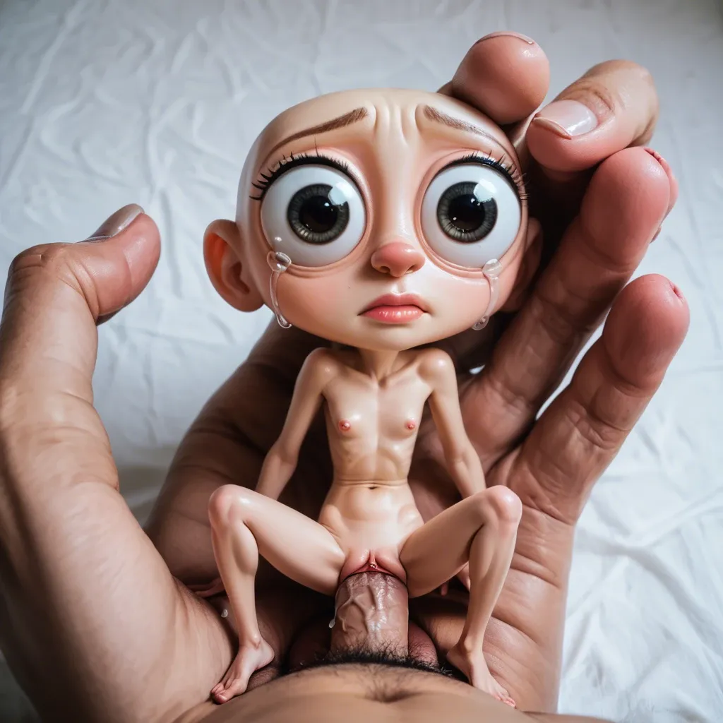 real photo, real, detailed, photo realism, high resolution, disney, large head, huge eyes, cute nose, mini, mini body,  skinny, mini chest, crying, vaginal sex, legs hold