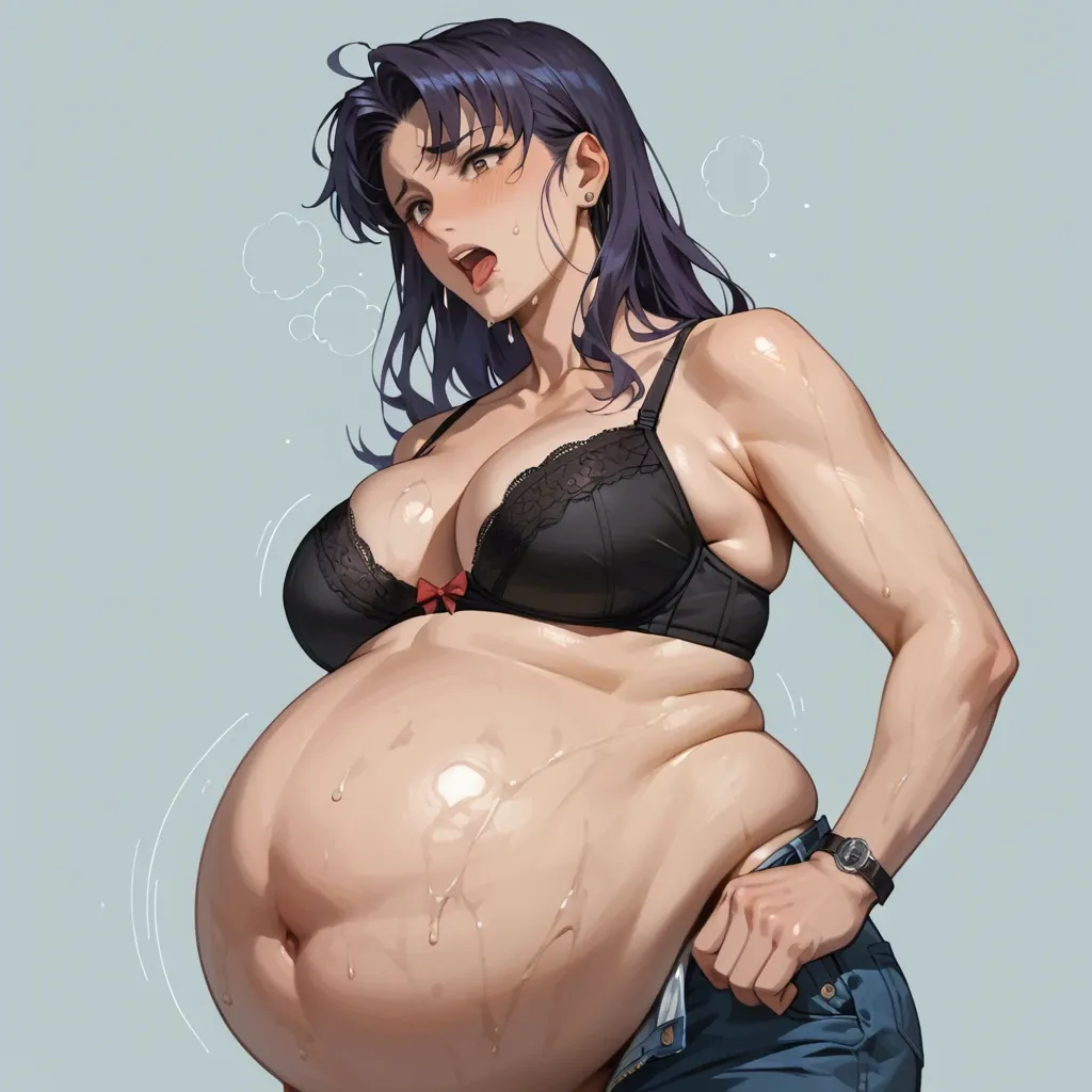 Misato Katsuragi in her anime clothes, face without emotional, very big belly expansion, boobs in bra, huge belly