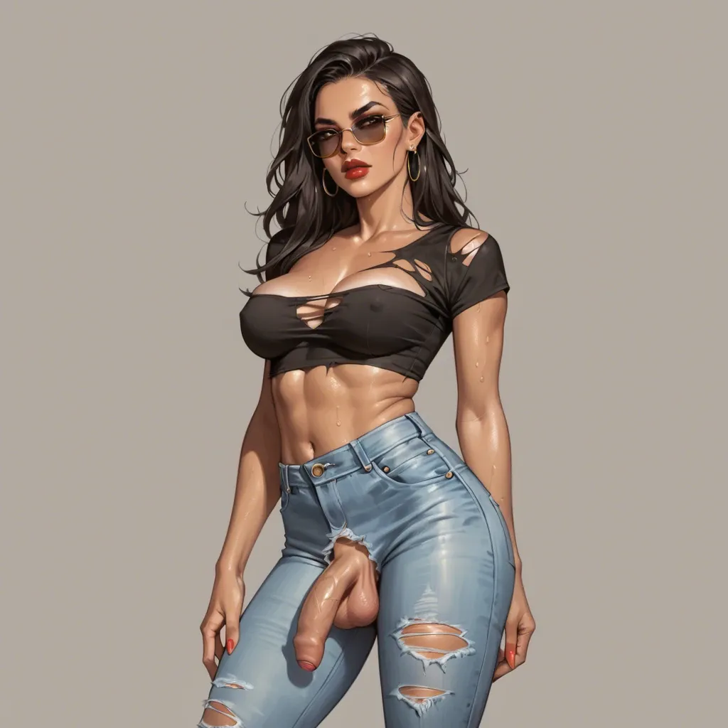 futanari young sexy dumb petite slim skinny Latina Cartoon fairy hottie, wet, red lips, eyeshadow, tanned, ripped open Jeans, sunglasses, foreskin, flaccid, dick showing