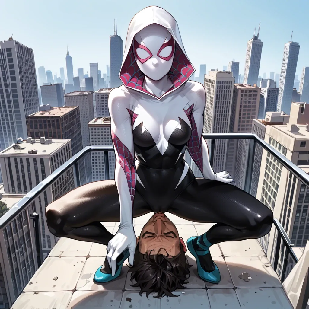 Spider Gwen mask, femdom, city, facesitting, clothes, costume, sitting on face