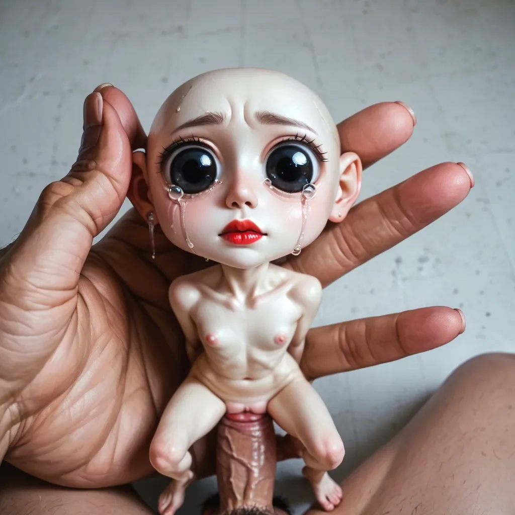 real photo, real, detailed, high resolution, huge head, cute nose, big eyes, cute, mini, mini body, skinny, mini chest, crying, vaginal sex, ruined make up, very pale skin, red lips