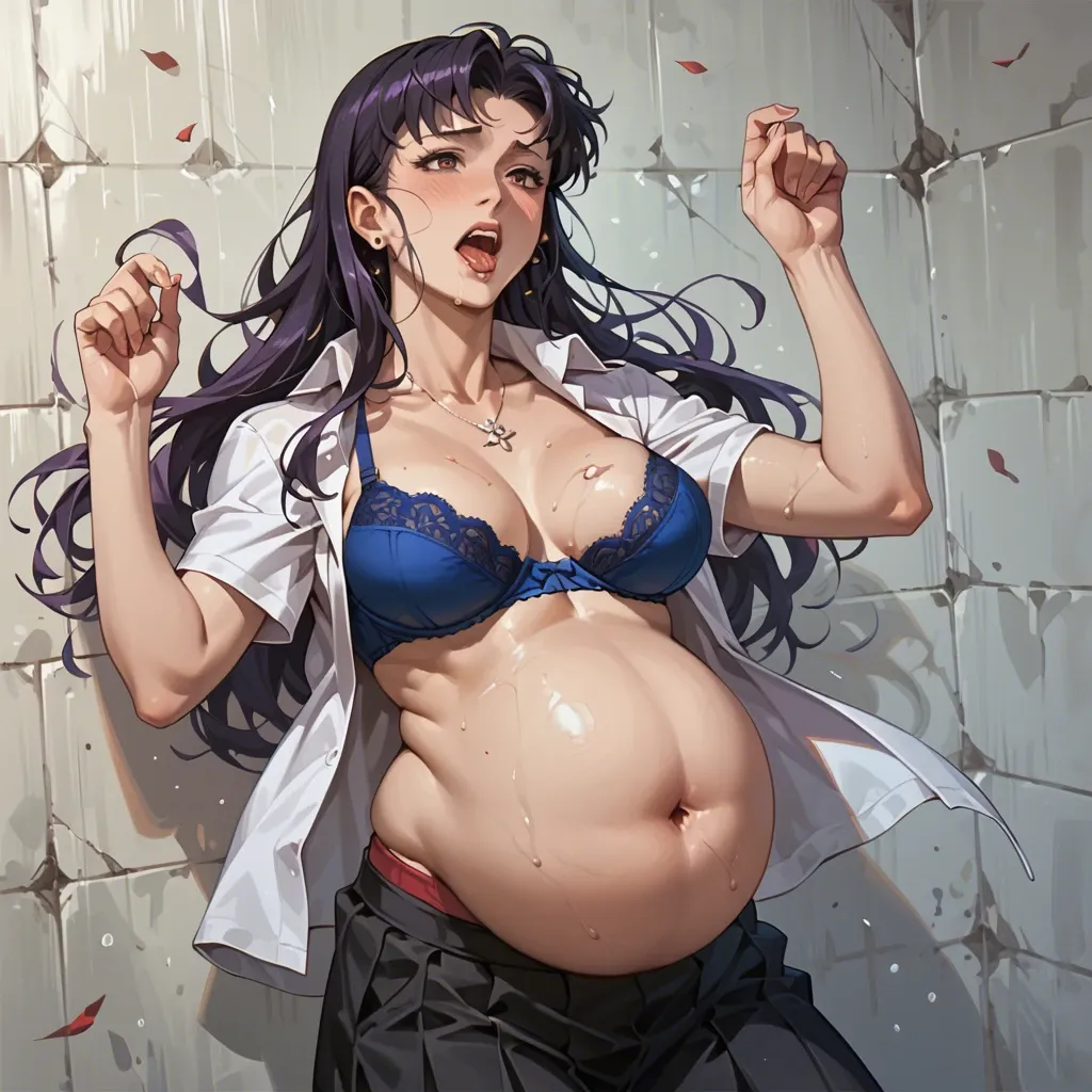 Misato Katsuragi in her anime clothes, very big belly expansion, boobs in bra