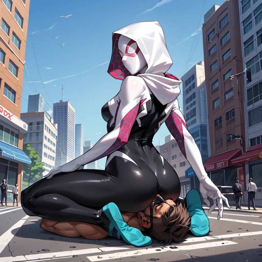 Spider Gwen mask, femdom, city, facesitting, clothes, costume, sitting on face, back