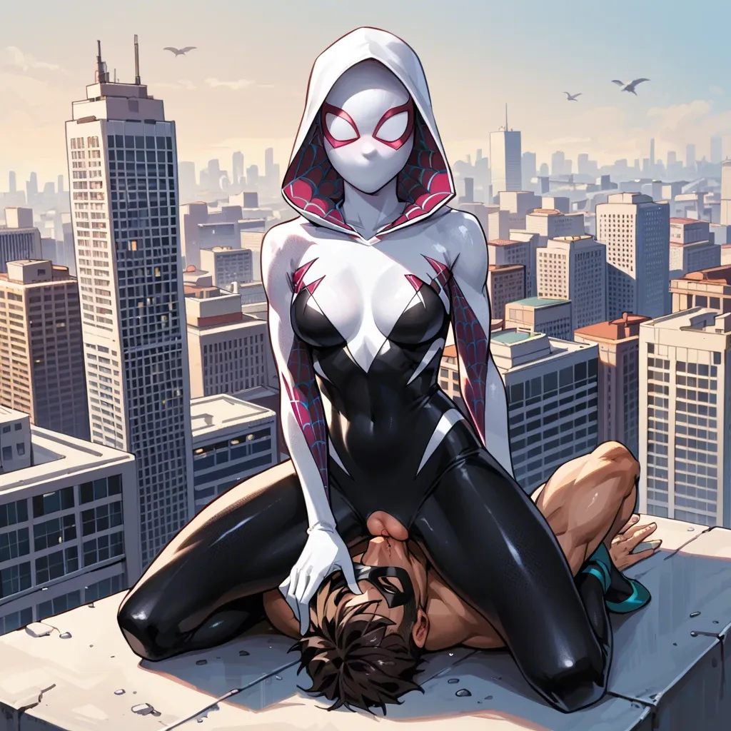 Spider Gwen mask, femdom, city, facesitting, clothes, costume, sitting on face, cunnilingus