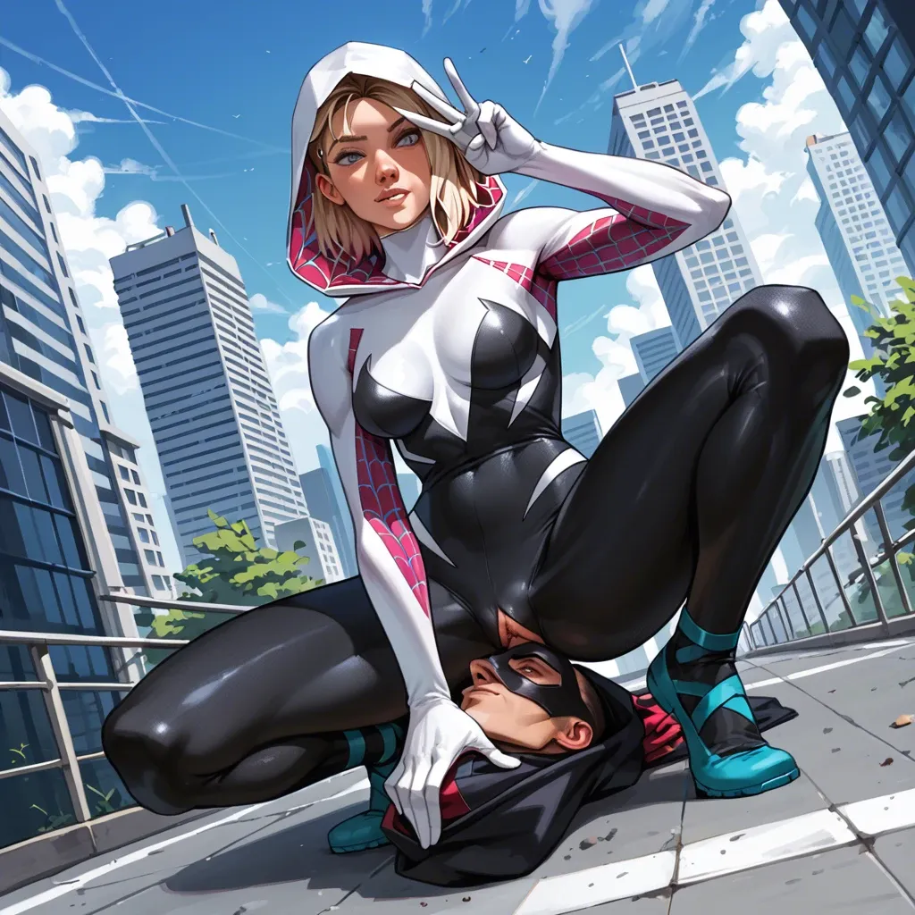 Spider Gwen mask, femdom, city, facesitting, clothes, costume, victory pose