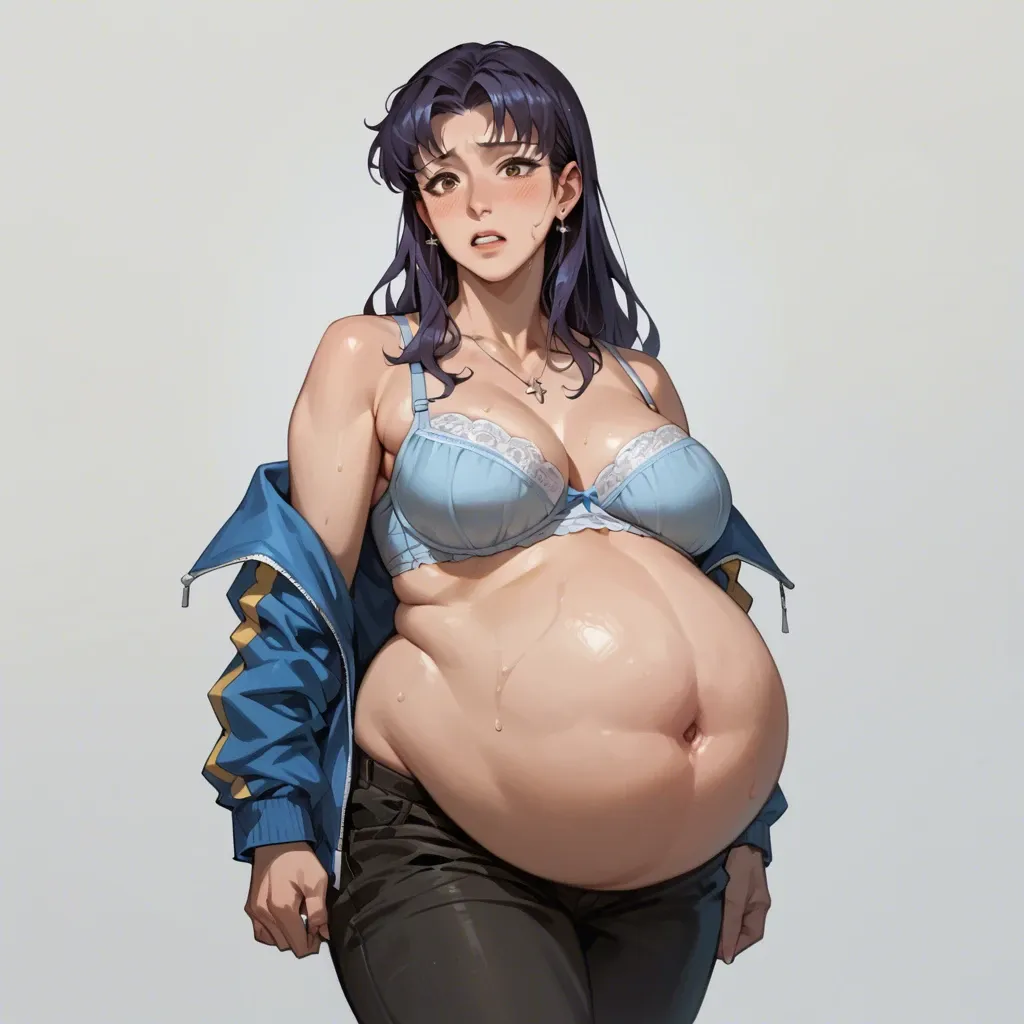 Misato Katsuragi in her anime clothes, very big belly expansion, boobs in bra, huge belly