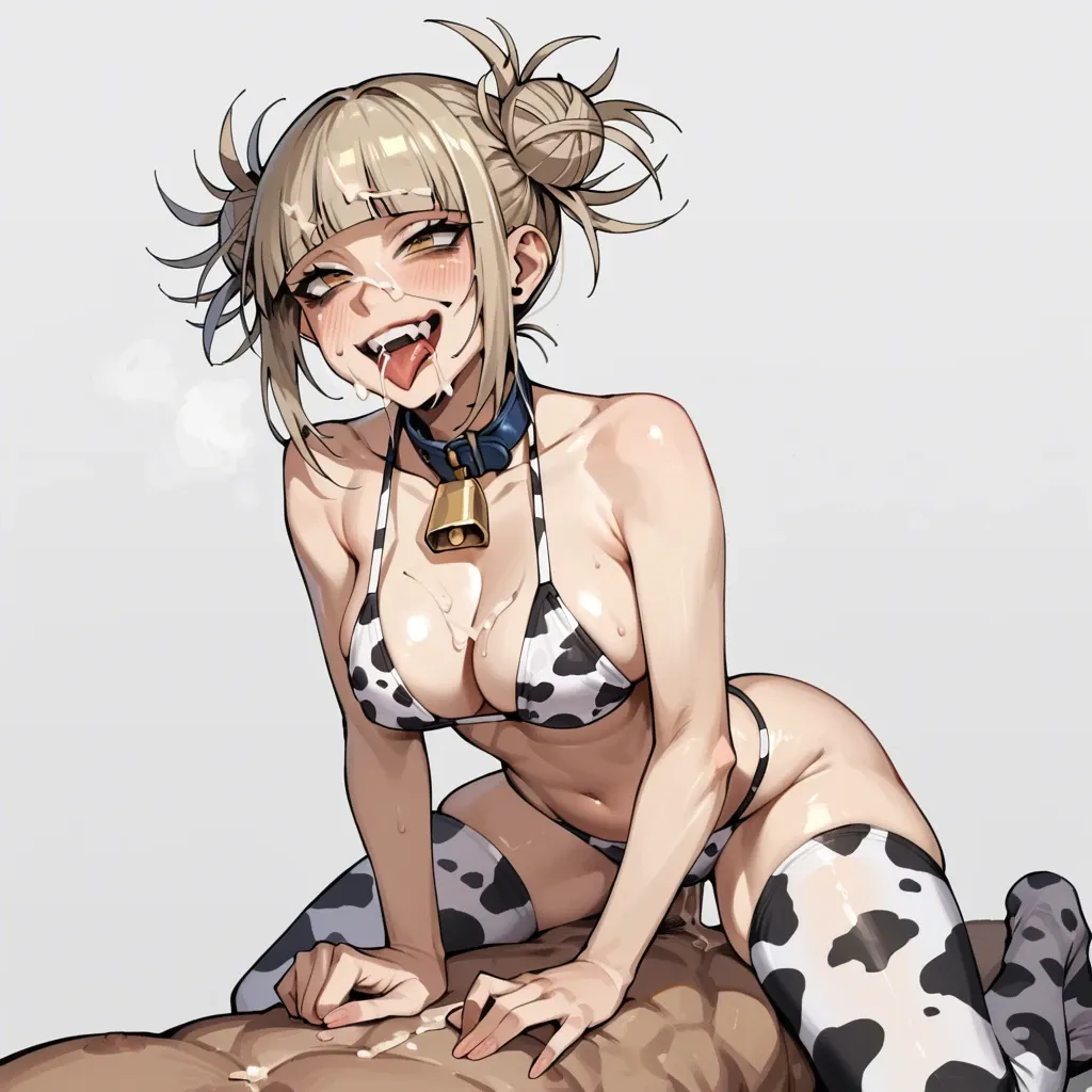 Himiko Toga, big tits and ass, cow pattern bikini, cow pattern stockings, cowgirl pose, cum on face and tits, ahegao face, smiling