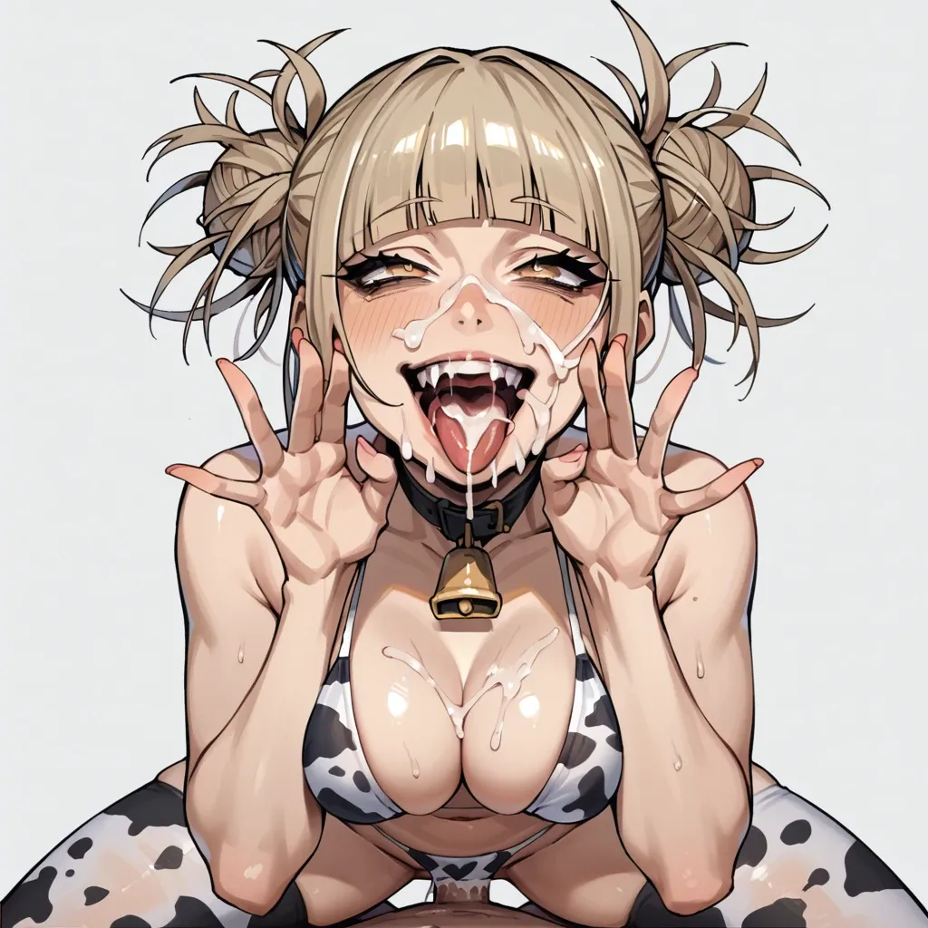 Himiko Toga, big tits and ass, cow pattern bikini, cow pattern stockings, cowgirl pose, cum on face and tits, ahegao face, smiling